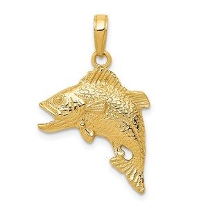 14k Yellow Gold Jumping Bass Fish Necklace Charm Pendant